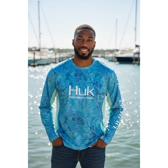 HUK Men’s Long Sleeve, Performance Fishing 50+ UPF Shirts TEAL MEDUIM NWT!!! - Picture 1 of 4